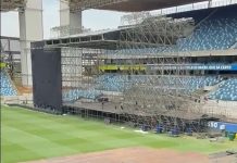 A três dias do show, palco para apresentação do Guns está 60% concluído; vídeo