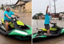 Morador ironiza alagamento e usa jet ski em cidade de MT; veja vídeo