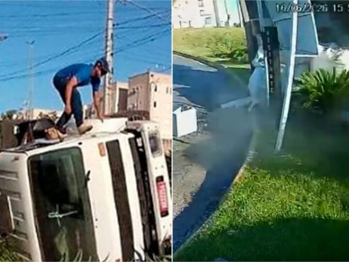 Vídeo mostra caminhão tombando na frente de condomínio em Cuiabá