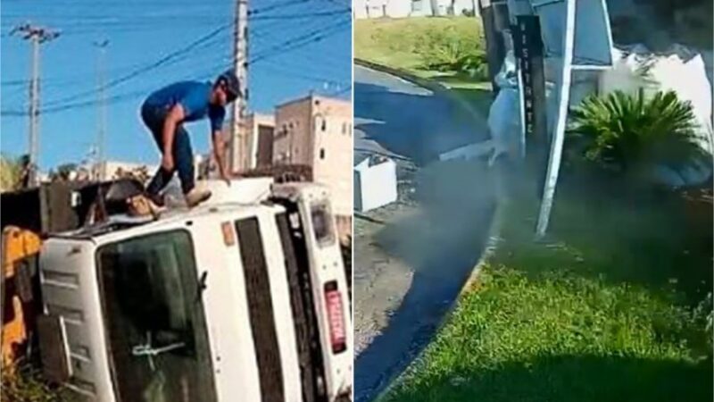 Vídeo mostra caminhão tombando na frente de condomínio em Cuiabá