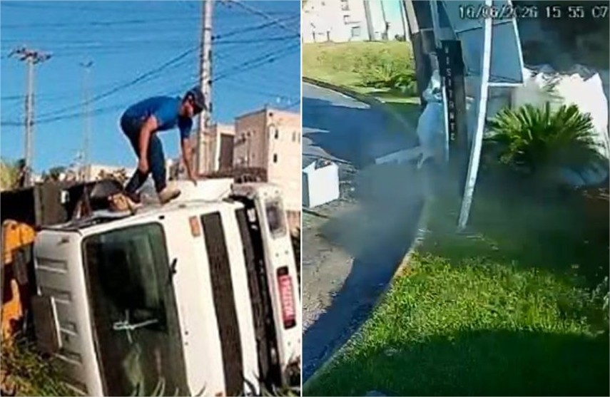 Vídeo mostra caminhão tombando na frente de condomínio em Cuiabá